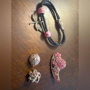3 pins and a leather and dragonfly bracelet